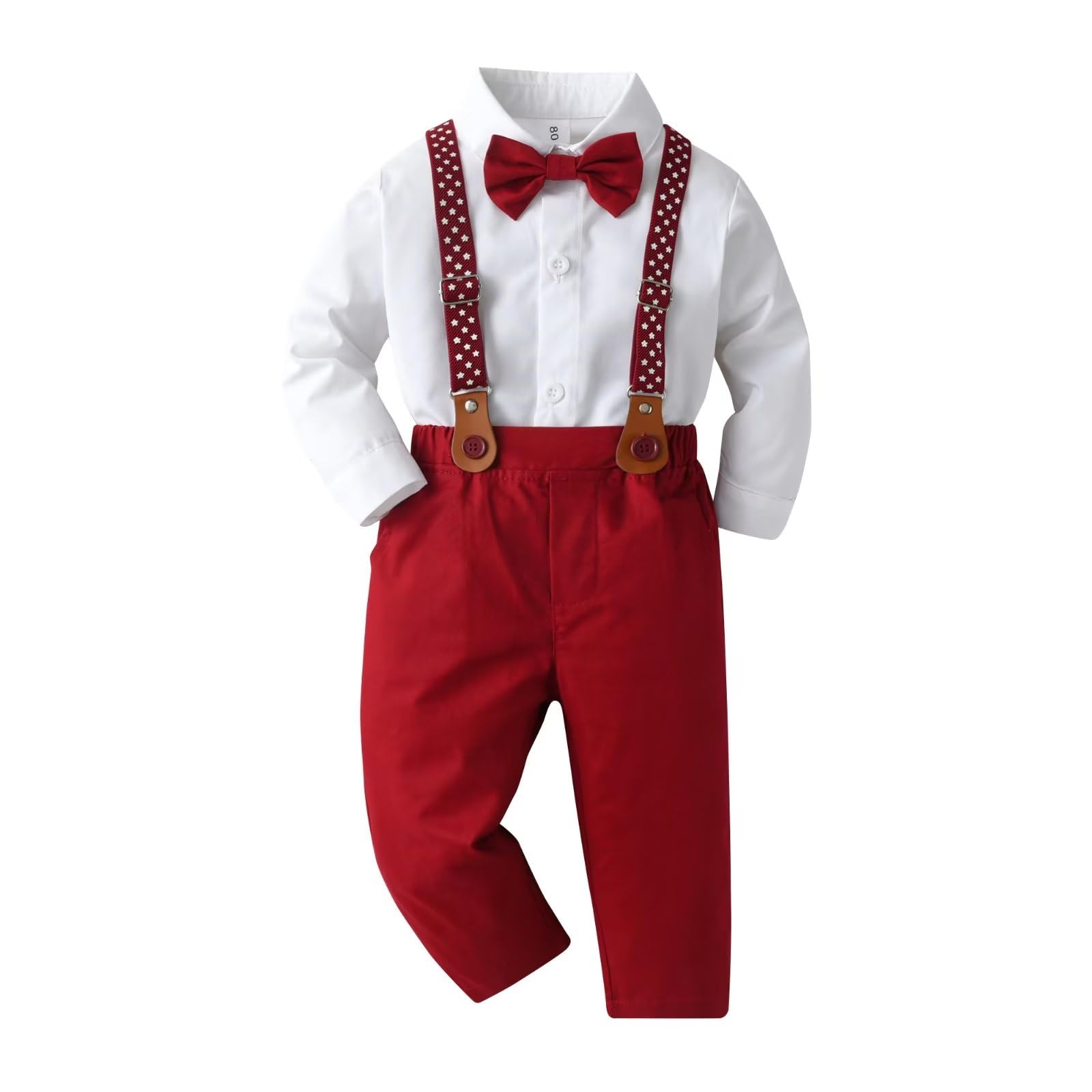 PureMilk Infant Formal Set Little Boys Gentleman Outfit Suits, Long Sleeve Shirt + Pants Set + Suspender + Bow Tie 4Pcs for Baby Boy 12-18M