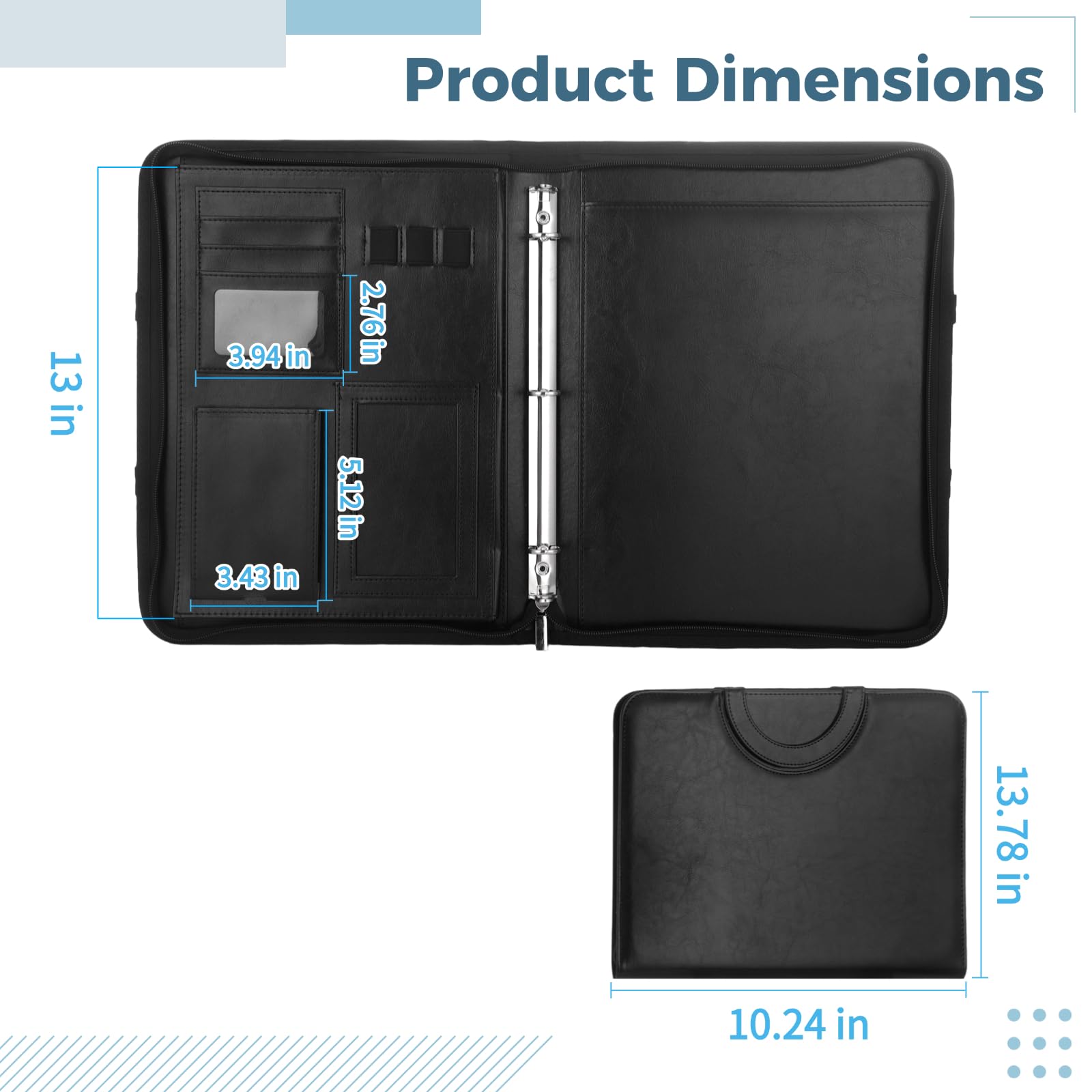 Organiseur padfolio en cuir PU avec fermeture zippée, classeur à 3 anneaux, porte-documents A4, emplacements pour cartes et stylo, poche pour calculatrice, pour entretiens et réunions