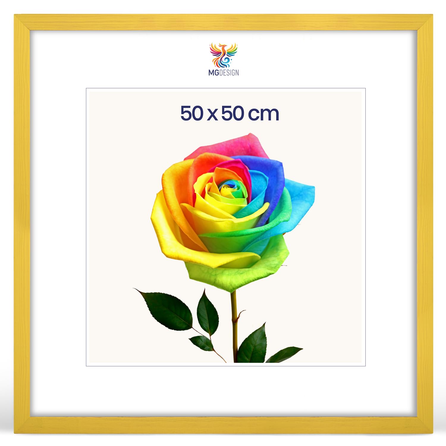 MG Design Bilderrahmen 50 x 50 cm – Posterrahmen mit Gelb Holzrahmen (Echtholz) und bruchsicherem Acrylglas, Hoch & Quer mit stabiler Wandaufhängung