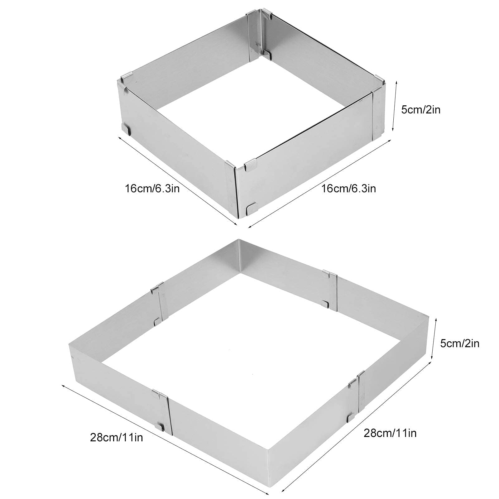 HERCHR Stampo Quadrato Torta, Telaio da forno regolabile 16 – 28 cm acciaio inox per Dolci, Pasticceria