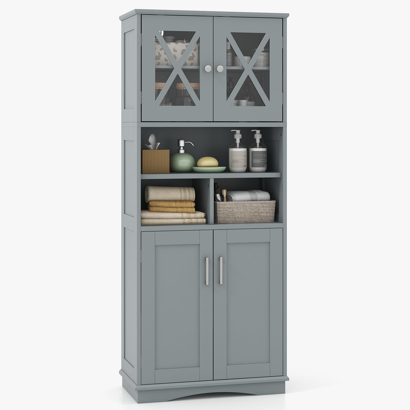 COSTWAY Mobile Bagno, Armadietto Salvaspazio con Porte in Acrilico, Ripiani Regolabili e Ampio Scomparto, Armadio da Terra in Legno per Soggiorno, Camera da Letto, Salotto e Cucina (Grigio)
