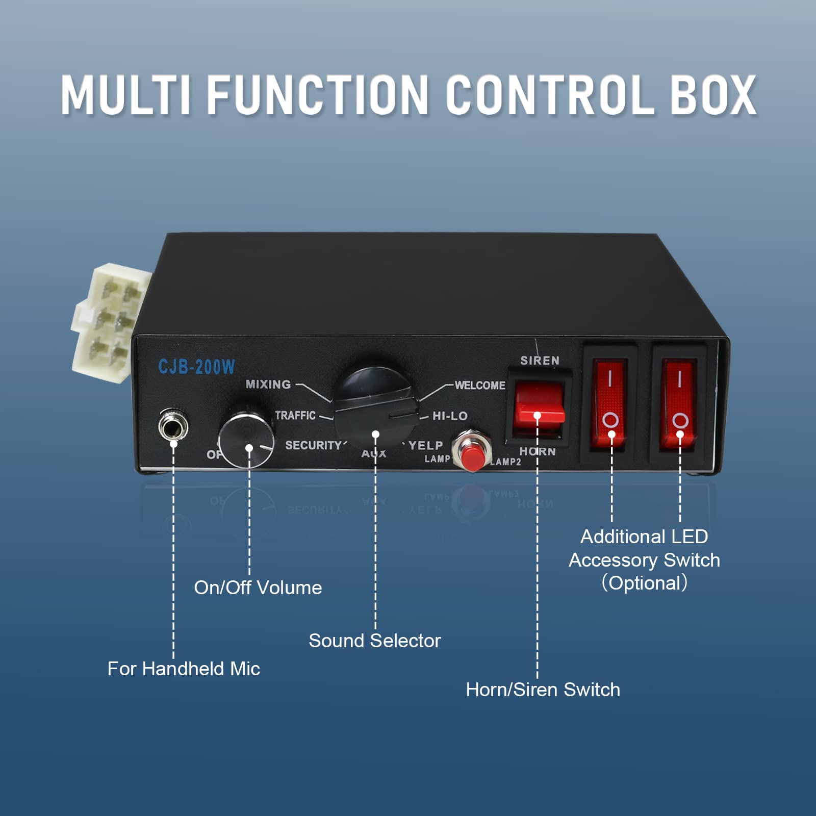 DICMIC Sirena de advertencia de emergencia de 200 W, 8 tonos, sistema de altavoces PA con micrófono de mano y 2 interruptores de control de luces