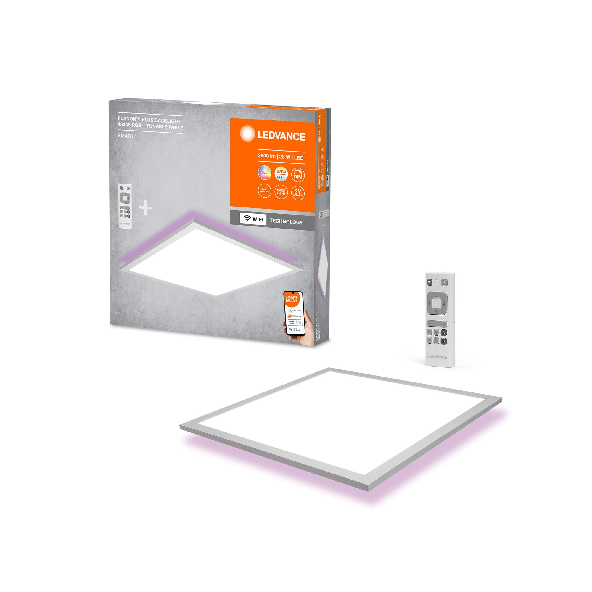 LEDVANCE Lámpara de techo LED WiFi blanca, 28 W 2000LM, 3000-6500K, 45x45 cm, aplique regulable, tecnología RGB, Smart+ Planon, controlable mediante app o asistente de voz como Alexa o Google | , Ceiling Luminaire, blanco, 0 mm dia, 25000 h, Paquete de 1