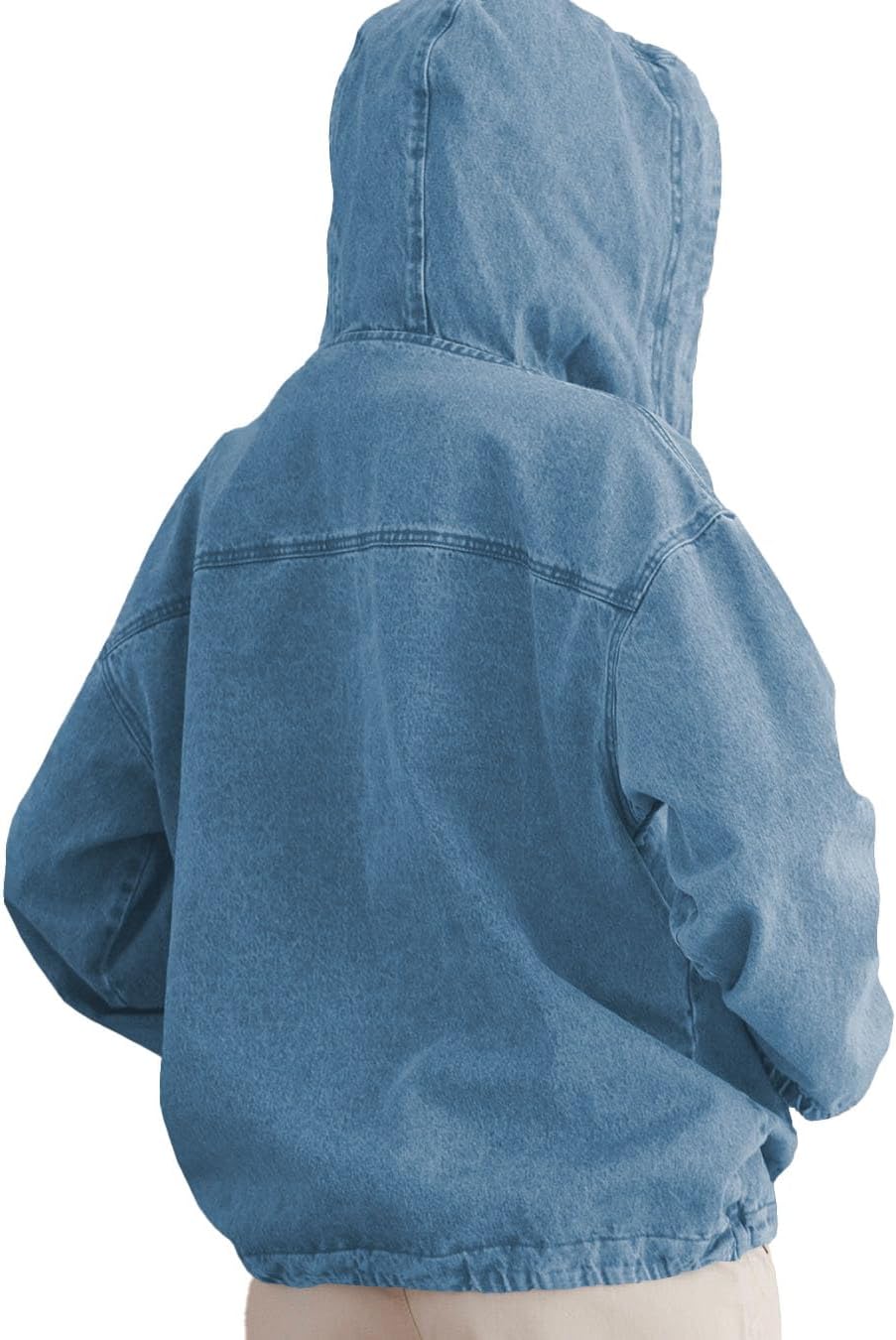 PINSV Women’s Denim Hoodie Jacket Lightweight Button Up Jean Pullover with Drawstring Hood Casual Long Sleeve Sweatshirt - Image 4