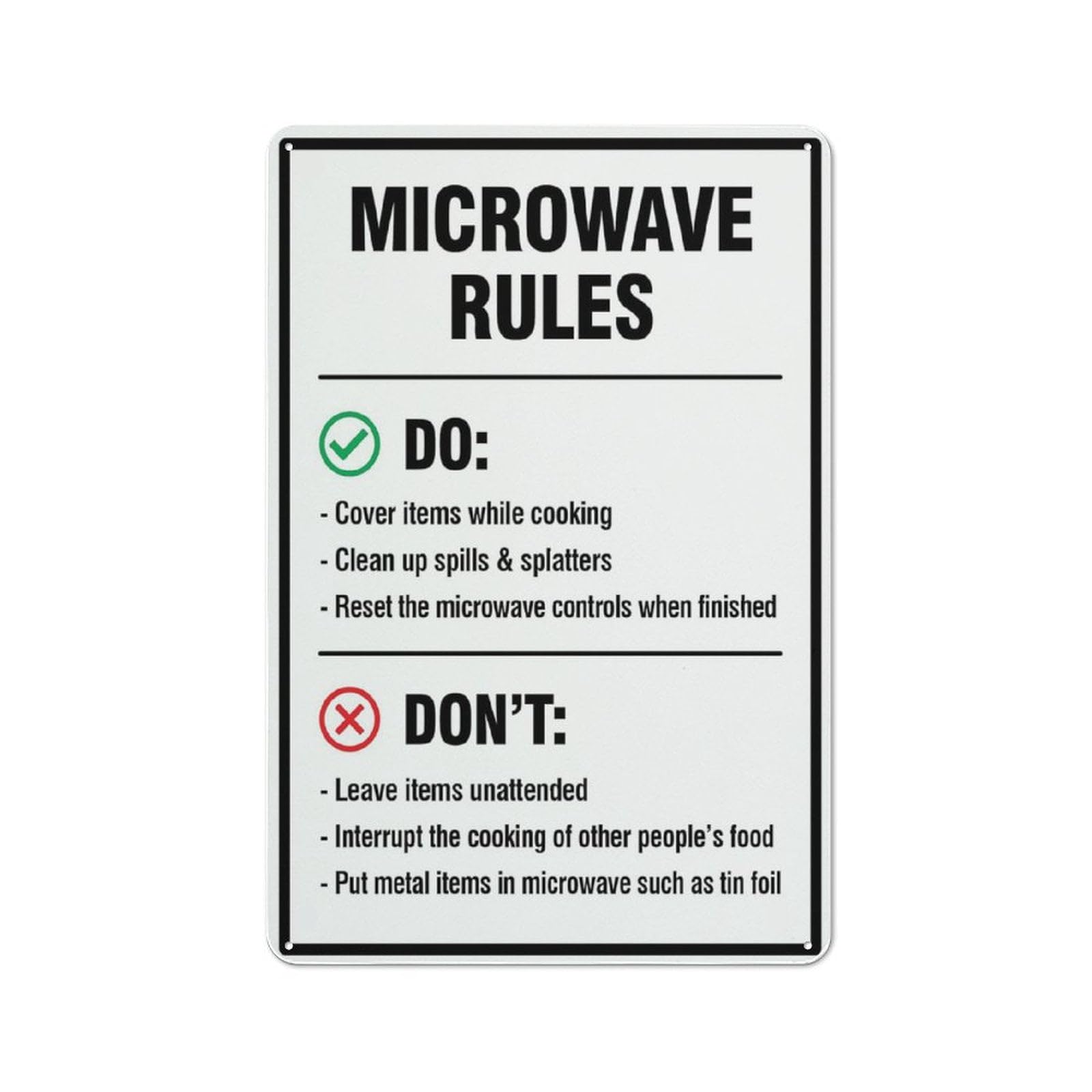 Microwave Rules Sign for House, Door, Office & Business Yard - 12"x8" Rust-Free Metal Aluminum, Pre-Drilled Holes, Weatherproof
