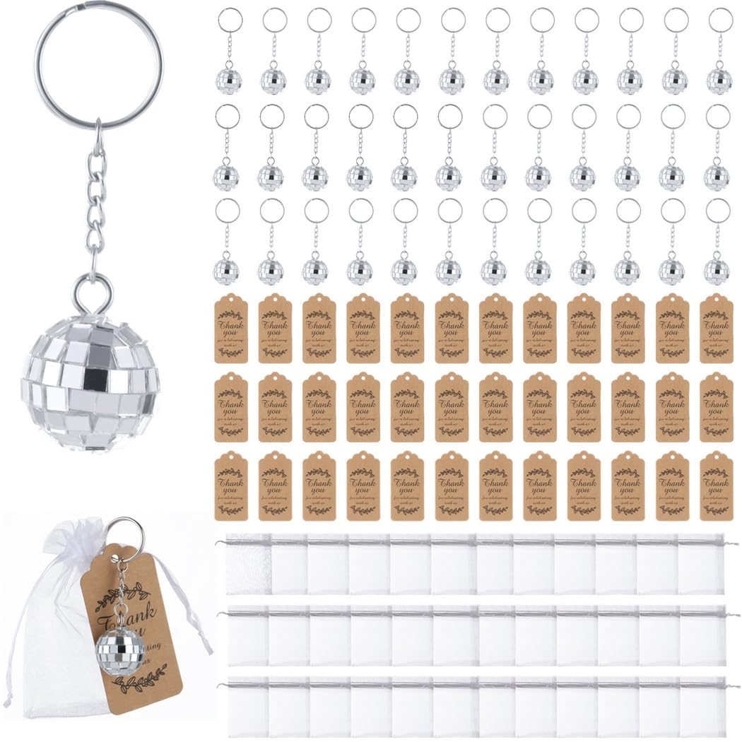 LUMINFLY Disco Party Decors Keychain, 36 Pcs Mirror Disco Balls, with Bags Thank You Tags and Organza, Durable and Portable, for Christmas Tree Disco Party 70S 80S