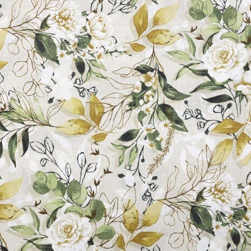 Kt KILOtela - Tela Loneta Estampada, Decoración, Tapizar, Cojines, Cortinas, Colchas, Manteles, Bolsos, Manualidades, 100 cm Largo x 280 cm Ancho, Luccia, Flores, Verde, Mostaza, 1 Metro