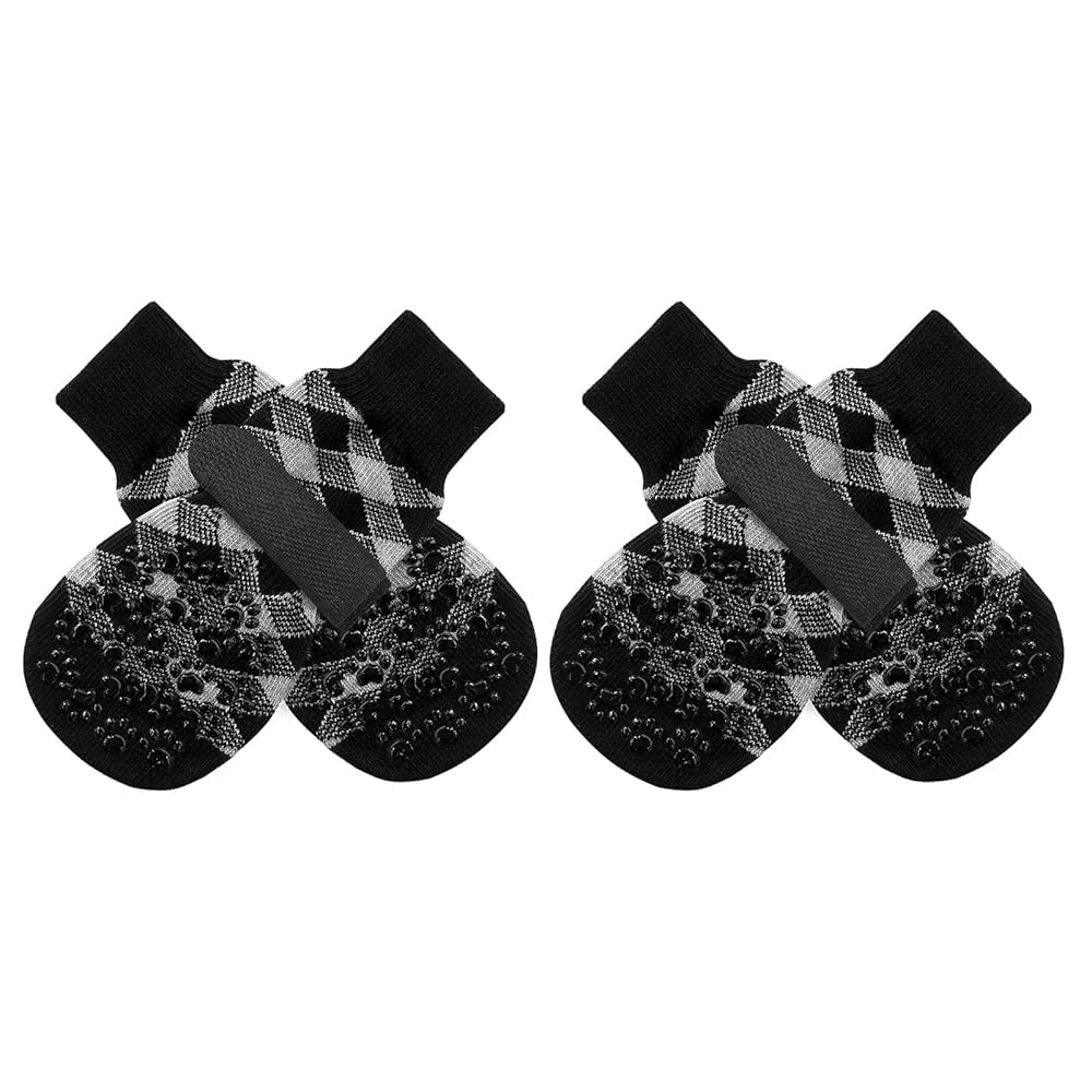 EXPAWLORER Dog Socks with Grips - Double Sides Anti-slip Dog Gripper Socks for Hardwood Floors, Stop Licking Injured Paws, Soft Boots with Extra Traction for Small Medium Large Dogs (Black Plaid, 2XL)