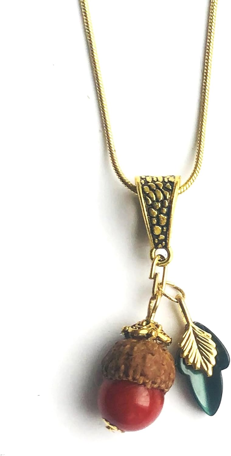 Brown Oak Tree Fruit and Green Lucite Leaf, Goldstone Acorn Pendant, Gold filled Snake Chain Thanksgiving Autumn - Image 7