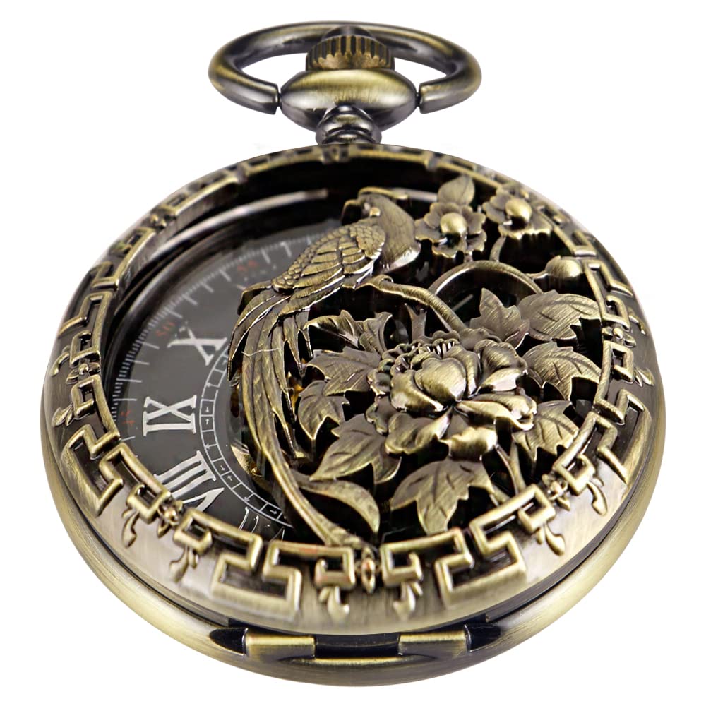 WhodoitBronze Men's Antique Mechanical Pocket Watch, Skeleton Mechanical Roman Numerals Pocket Watch with Chain + Box