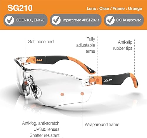 Miniatura 2 de DEX FIT Gafas de seguridad SG210, Z87, protección ocular, antivaho y resistentes a los arañazos, ajustables para mujeres y hombres, protección UV