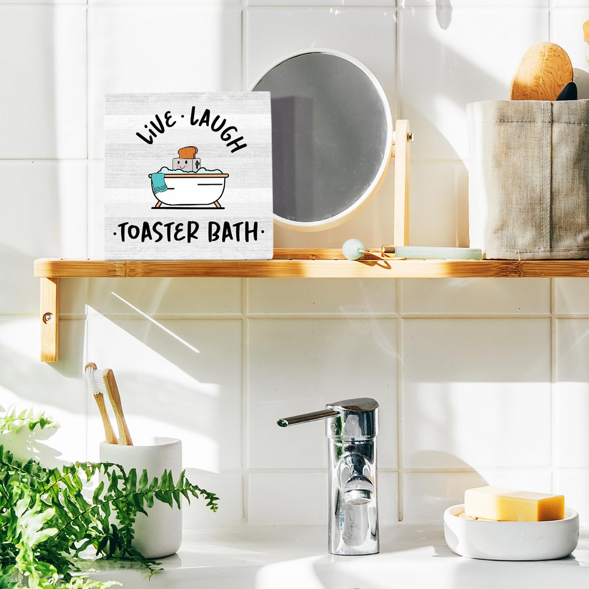 Cartello Umoristico Per Bagno Live Laugh Toaster – Decorazione Rustica In Legno 12x12 Cm