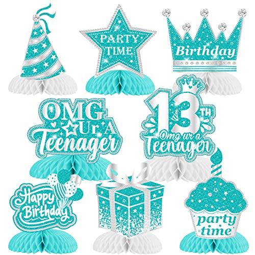 Cheereveal 13th Birthday Decorations Table Centerpieces, 8 Pieces Teal Silver Happy 13 Year Old Birthday Honeycomb Centerpieces, Breakfast Blue Thirteen Birthday Table Sign Toppers for Girls