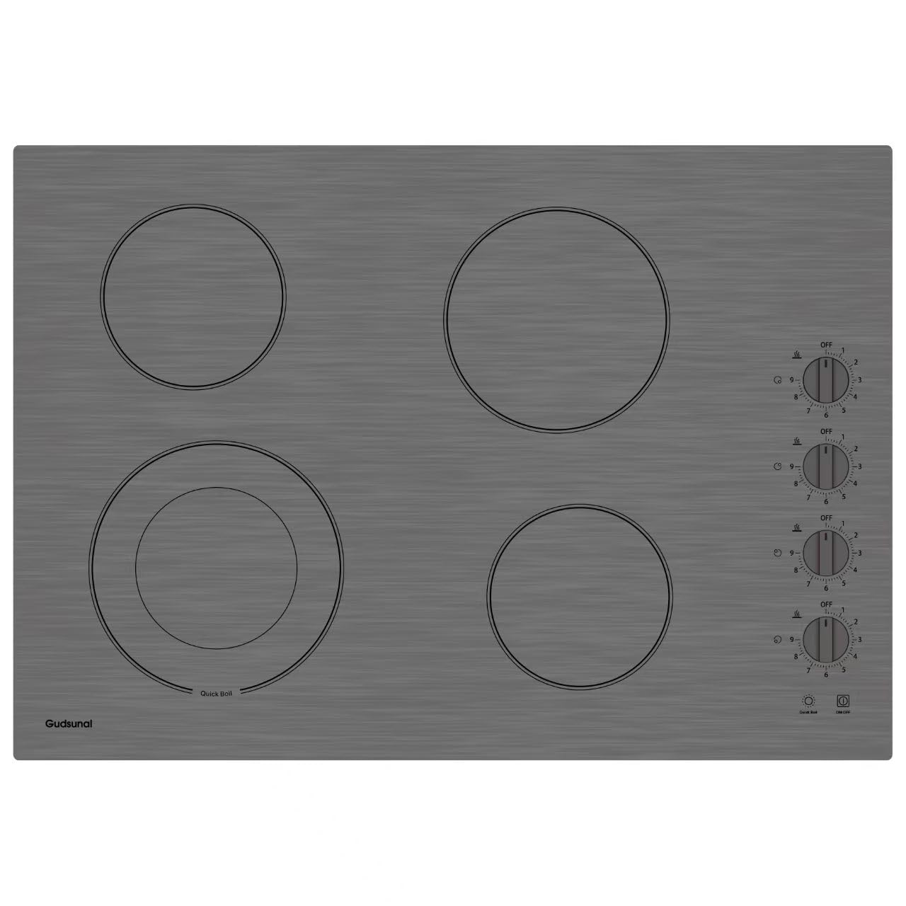 Gudsunal 30 Inch Electric Cooktop 4 Burners,3000 Watt Dual-Ring Burner for Quick Boil,Shatterproof Glass, Knob Switch, 9 Heating Level, Drop-in Electric Stove Top,Gray