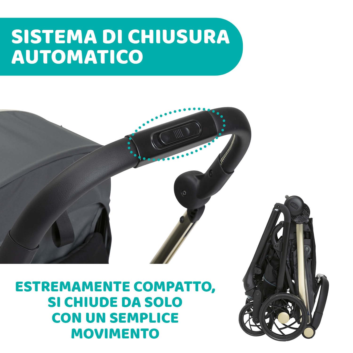 Chicco One4Ever Passeggino Leggero e Compatto, 0 Mesi a 4 Anni, Portata Max 22 kg, Pieghevole, Schienale Reclinable, Chiusura Automatica in 1 Gesto, Capotte Parasole e Parapioggia, Verde