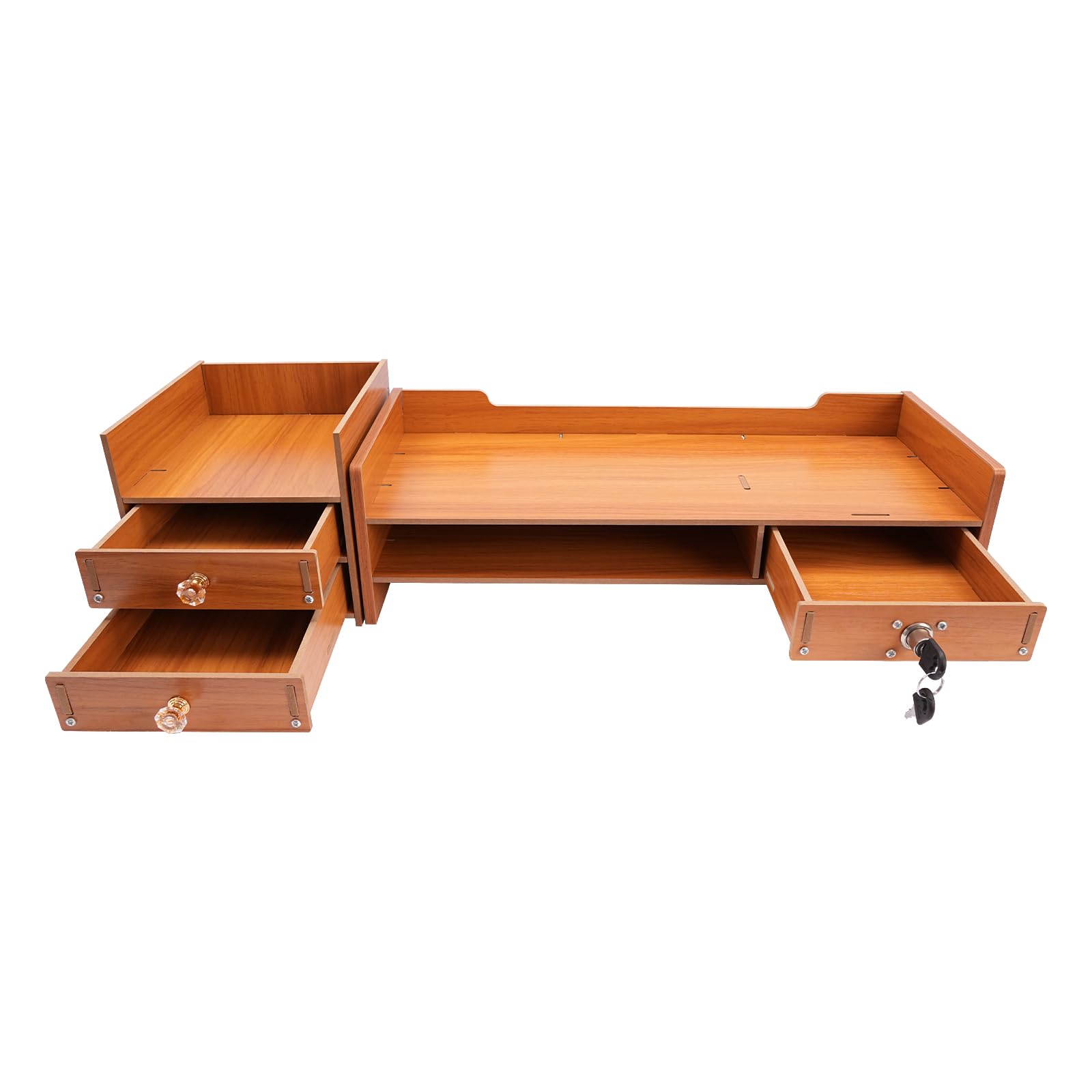 Supporto per monitor con 3 cassetti e scomparto per chiavi, organizer da scrivania in MDF, 65,5 cm, altezza regolabile per ufficio/casa, effetto legno, con supporto per cellulare e chiavi