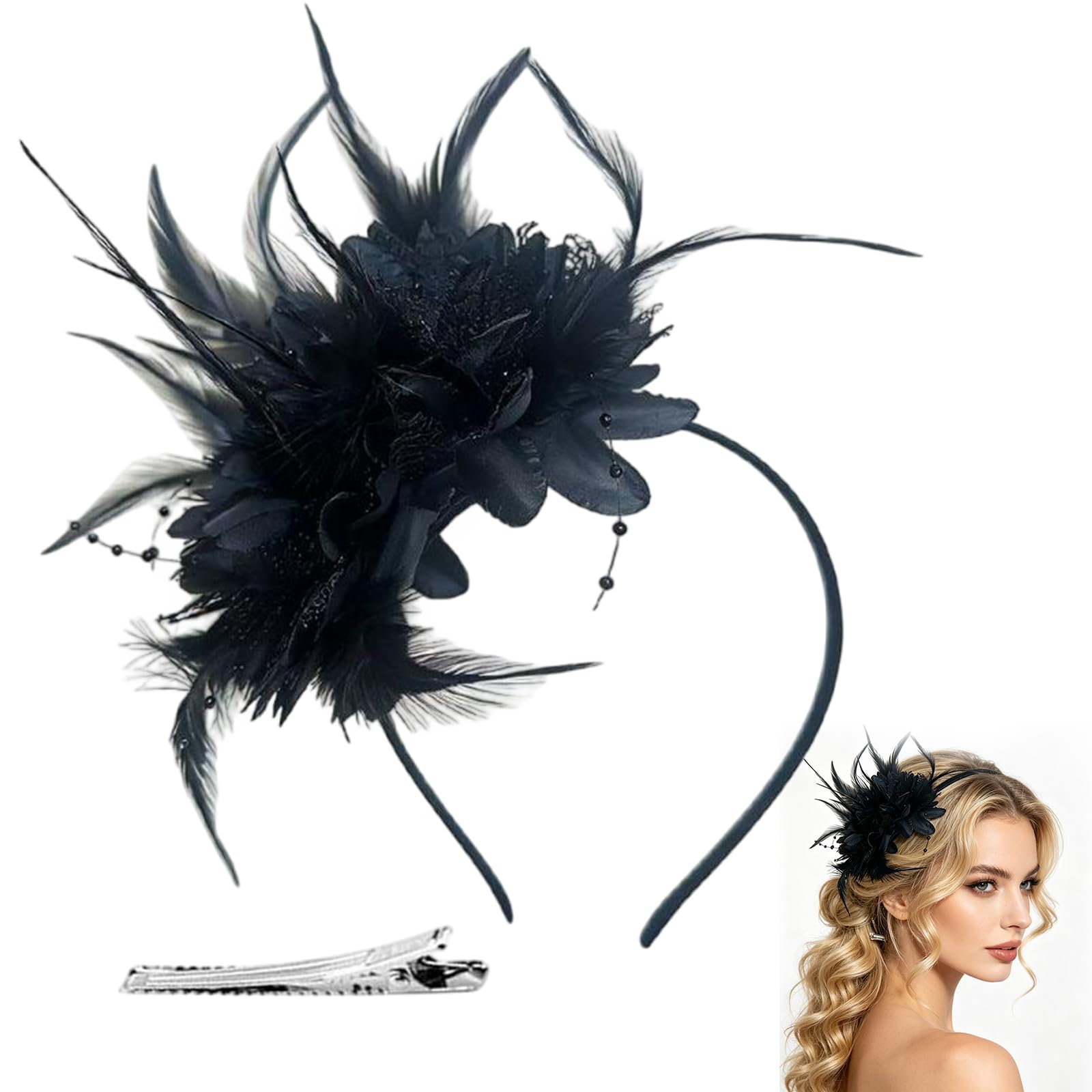 FUNLOV Feather Pearl Veil Headband with a Forked Clip for Girls & Women, Fascinators Hat Flower Mesh Ribbons Feathers on a Headband Tea Party Headwear for Wedding Cocktail Dresses Accessories (Black)