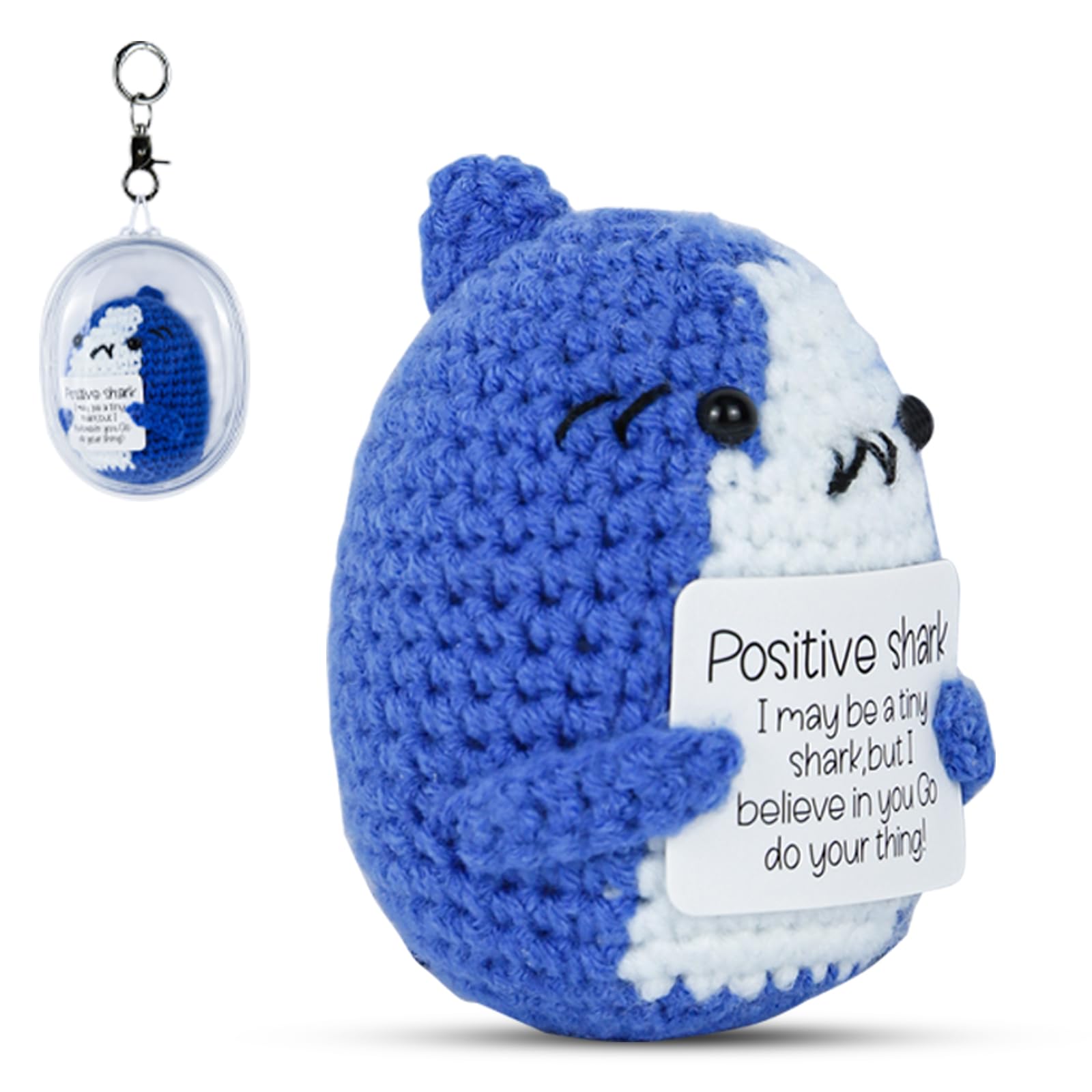 Easter Basket Stuffers Essentials Handmade Mini Crochet Emotional Support Animal with Positive Card, Uplifting Gifts for Women Men Teens Friends Coworkers Birthday Graduation,Shark