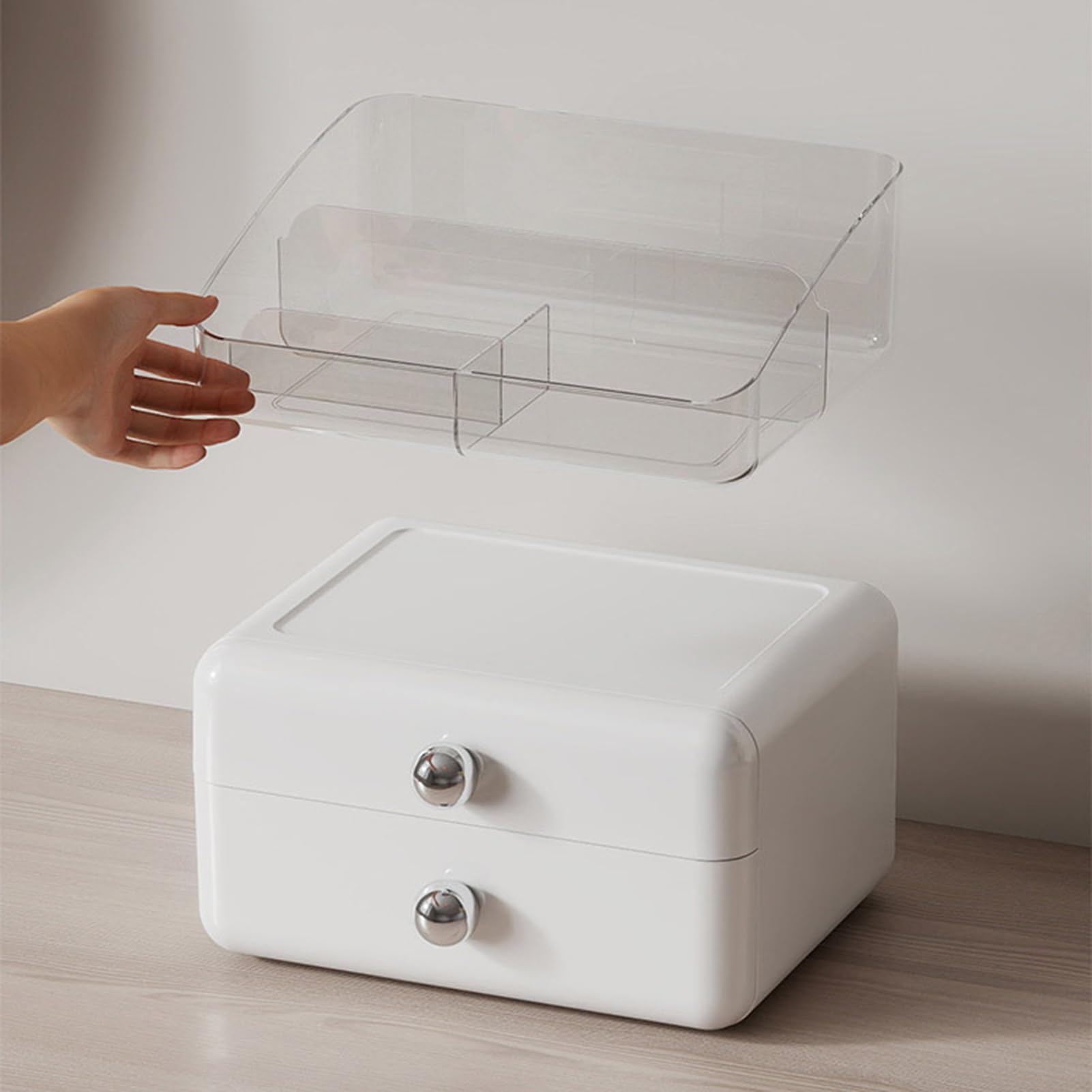 Caja de almacenamiento de cosméticos de escritorio, organizador de cosméticos de gran capacidad con 2 cajones, caja extraíble con múltiples compartimentos, organizador de maquillaje para