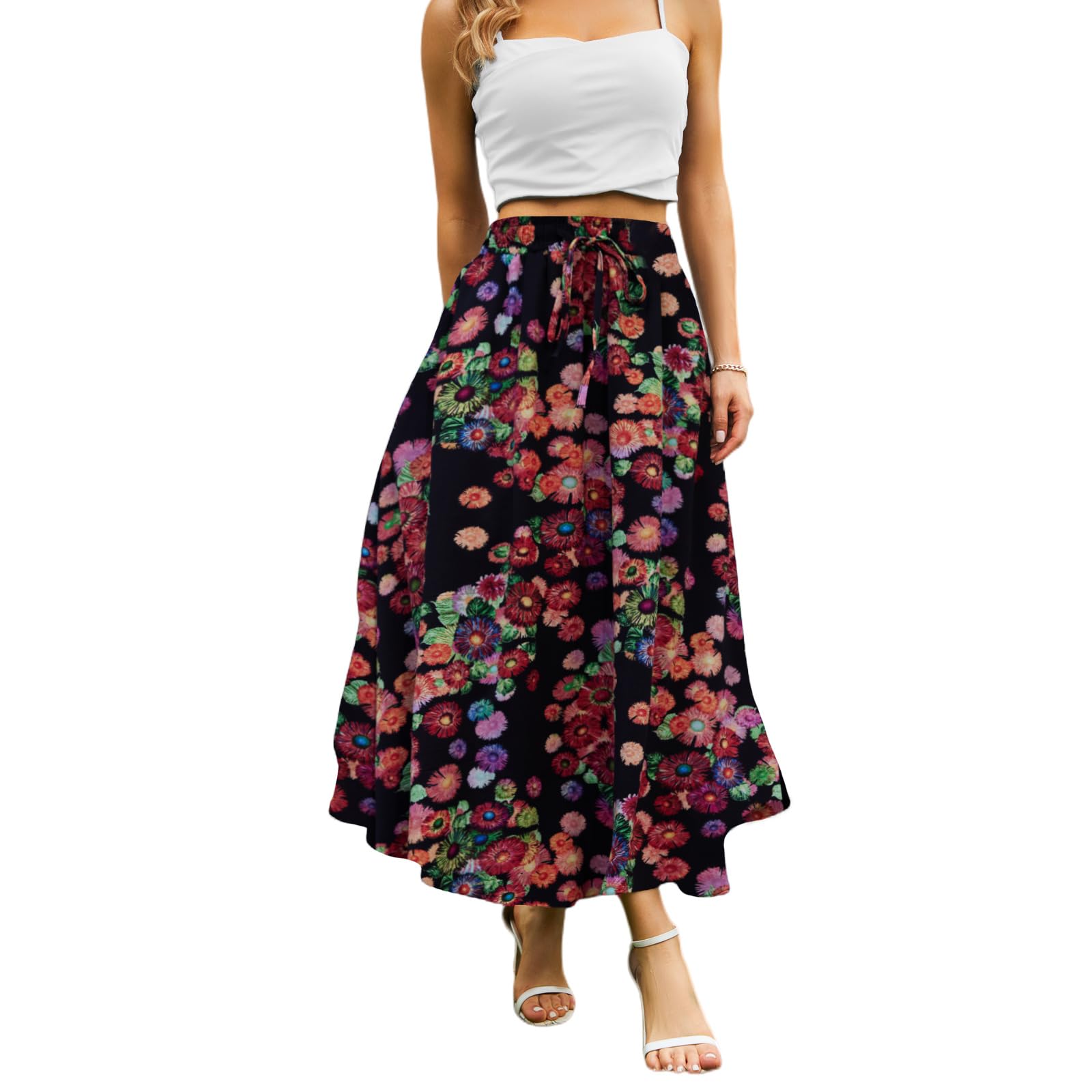 Abaadlw Maxi Skirts for Women with Pockets Long Midi Length Casual Skirt for Beach Party Holiday