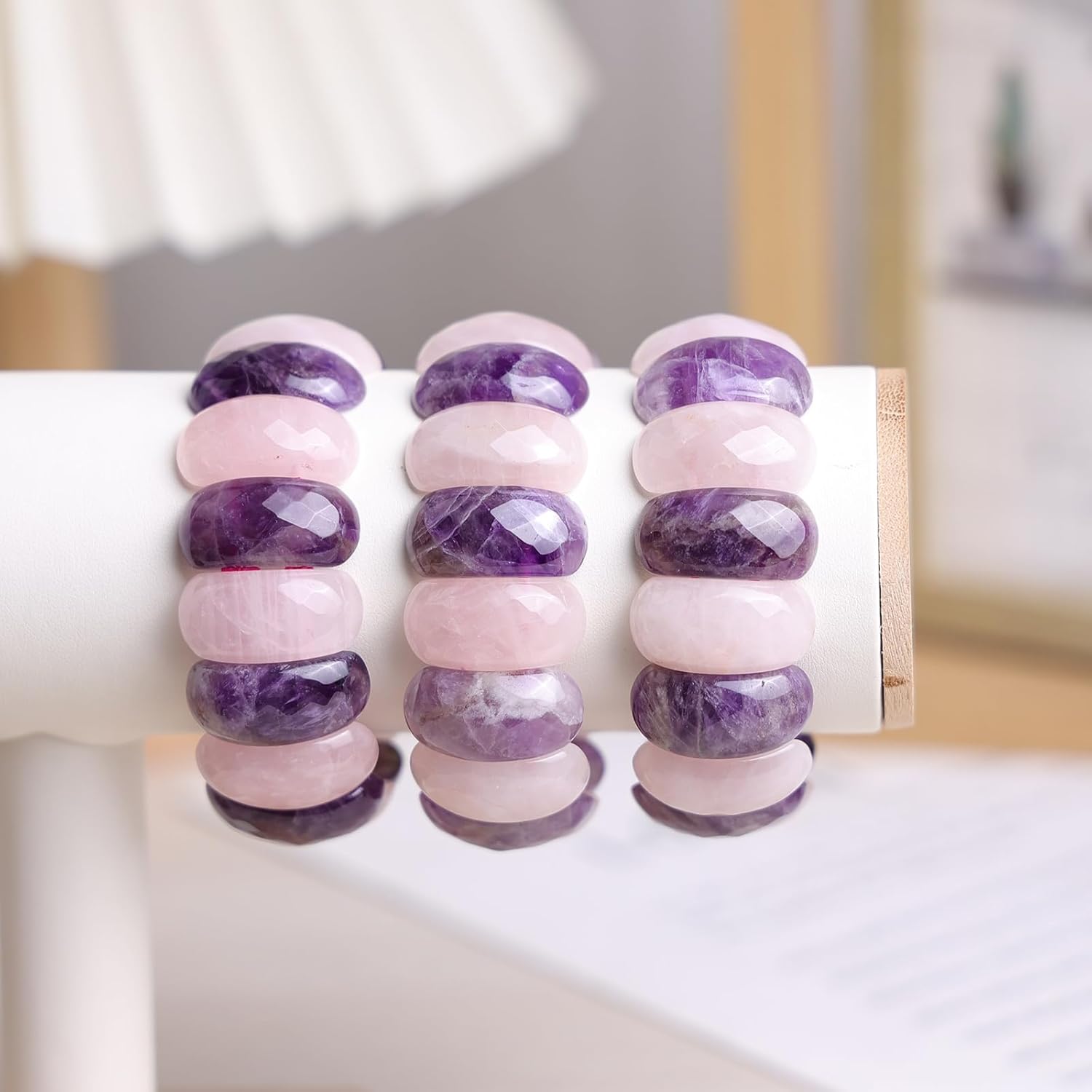 SUNYIK Natural Wide Chunky Flat Oval Crystal Stone Beads Bangle Wristband Bracelet for Women Elastic Stretch - Image 5