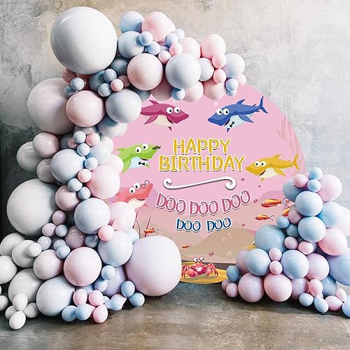 Miniatura 3 de Renaiss Fundas de fondo redondas de 7.2 x 7.2 pies para sesión de fotos, retratos de niños, tiburones coloridos, peces, Doo Doo Doo, círculo rosa,