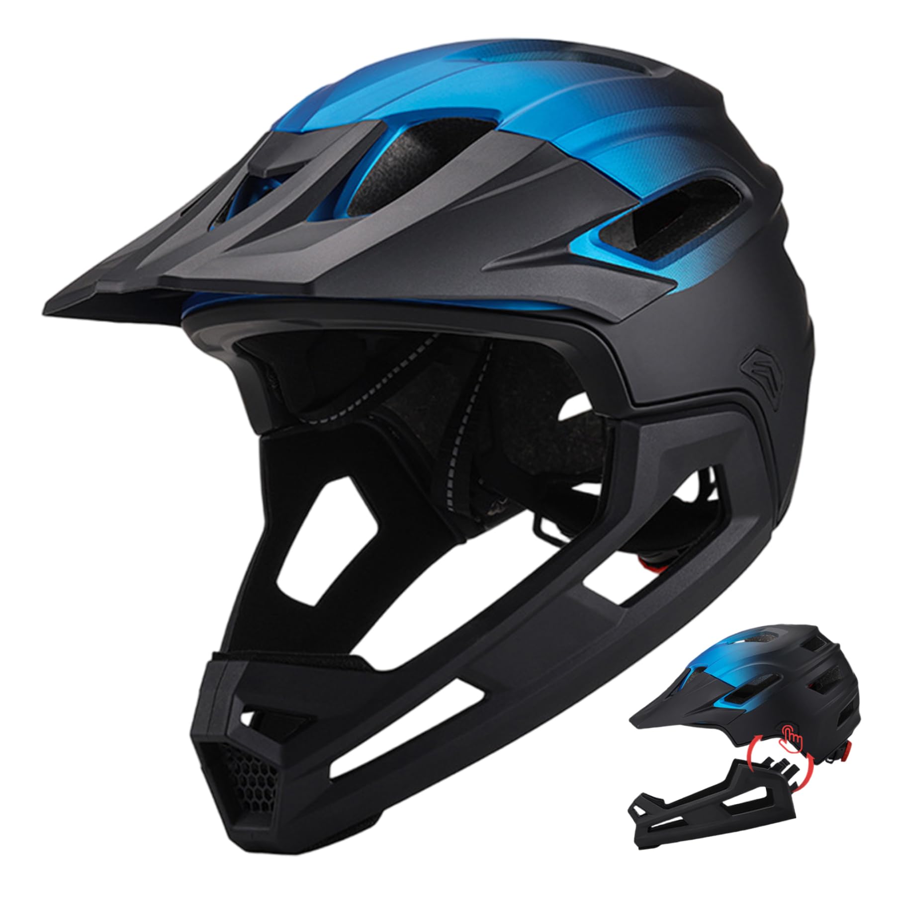 Casco de Bicicleta de montaña para Adultos, Transpirable, a Prueba de Golpes, de policarbonato, Integral, con Soporte de Barbilla Desmontable, Ajustable, Unisex, Negro y Azul, Protector de Cabeza