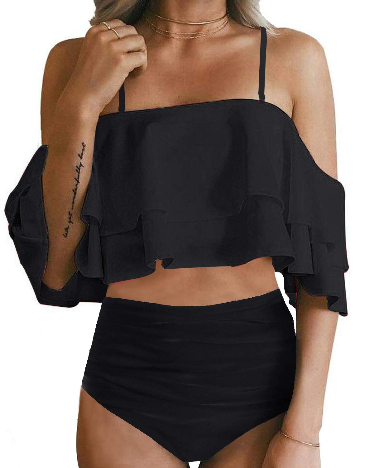Women's Two Piece Off Shoulder Ruffled Flounce Crop Bikini Top with Print Cut Out High Waist Bottoms