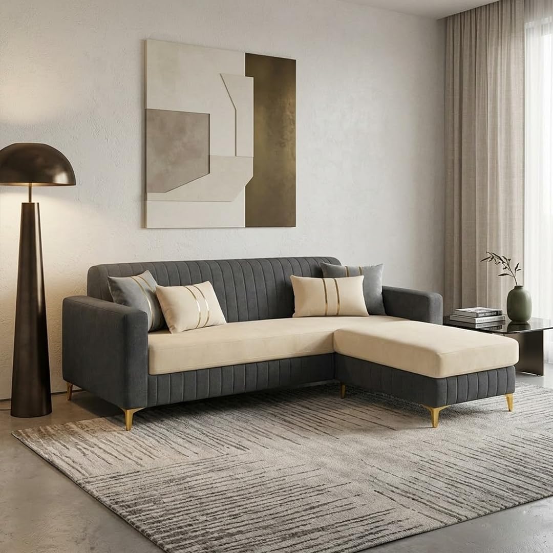 CASASTYLE Noviq 4 Seater L Shape Sofa Set with Movable Ottoman | Flexible Left or Right Layout | Cozy Velvet Fabric | Soft Touch Seating | Modern Designer Sofa for Living Room (Dark Grey-Cream)