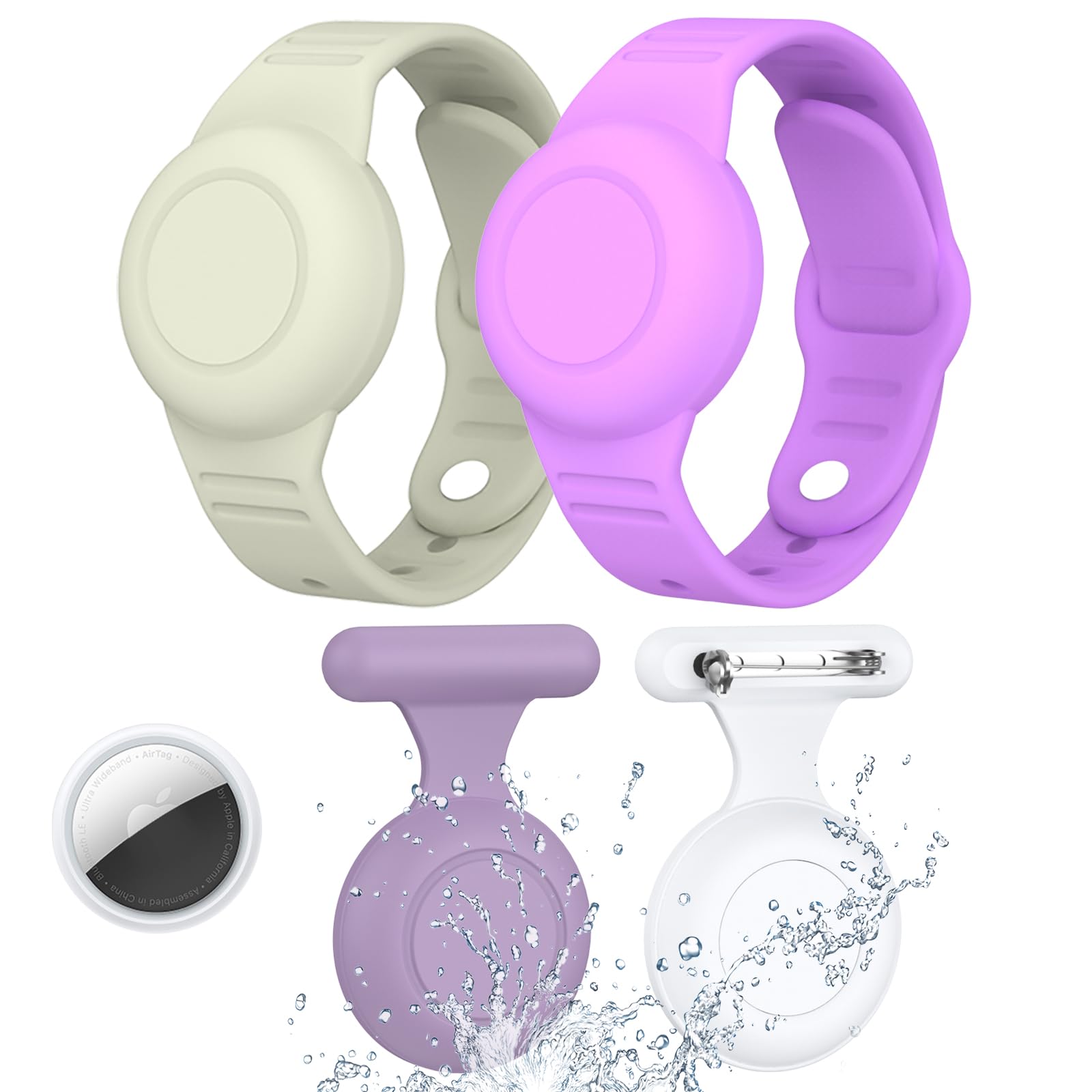 [4 Pack] Waterproof AirTag Holder & Airtag Bracelet for Kids Compatible with Apple Air Tag Tracker with Hidden Pin & Airtag Wristband Kids Accessories Silicone Protective Case (White + Light Purple)