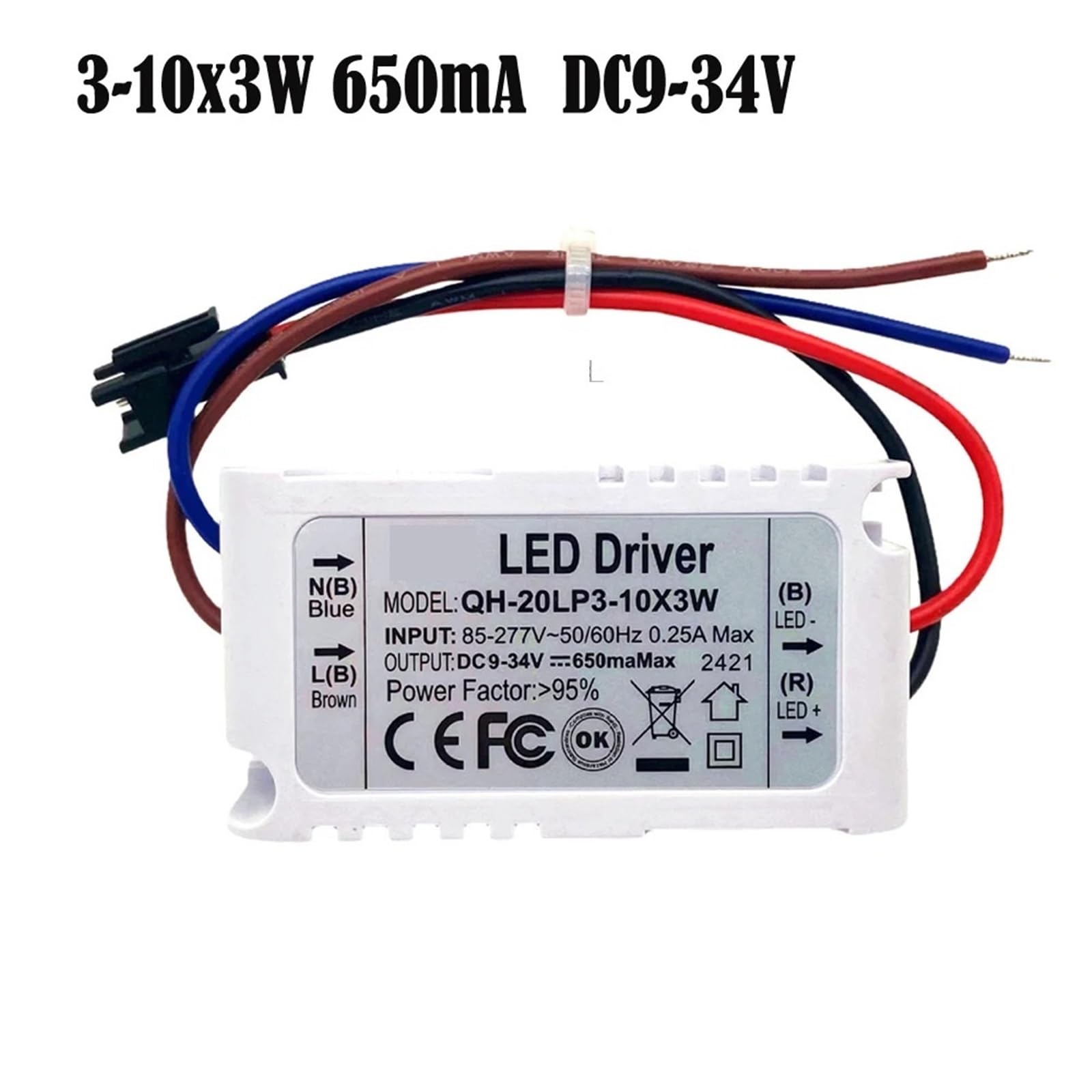 Sterownik LED 3-10x3W 85-265V 9-34V 650mA 50/60Hz 18-30W High Power Supply
