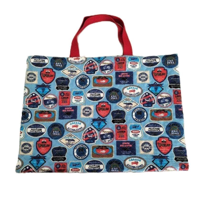 オーダー受付中　車　働く車　車柄乗り物　レッスンバッグ　シューズバッグ　体操服袋 レッスンバッグ 働く車 車柄 ブルー レッド キルティング - 製品詳細