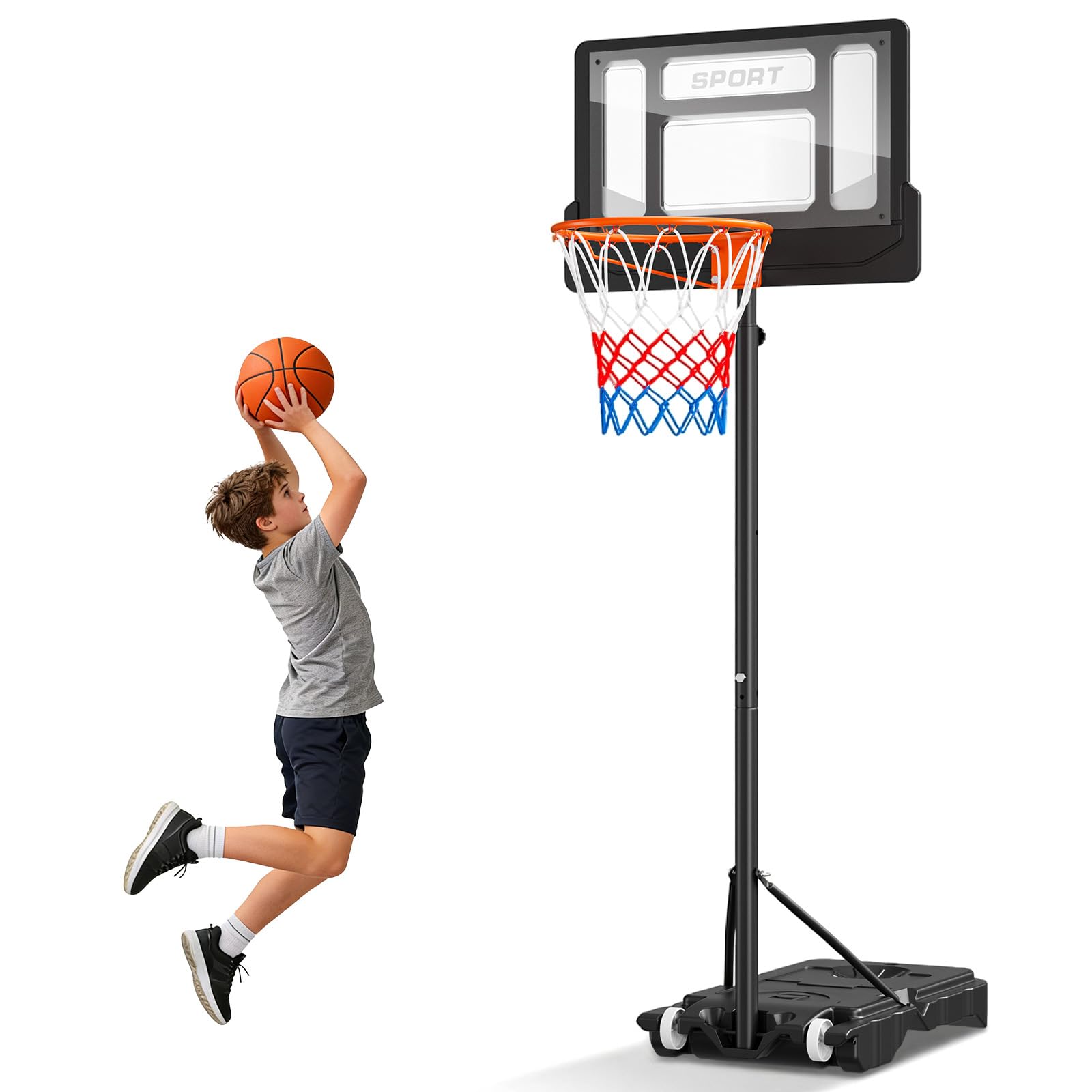 Gvdeirn Basketball Hoop For Kids 150-205cm Height Adjustable,4.92ft-6.73ft Shatterproof Backboard,Portable Enlarged Base Backyard Driveway,Rebounder and Wheels,Indoor Outdoor Youth Adults Kids