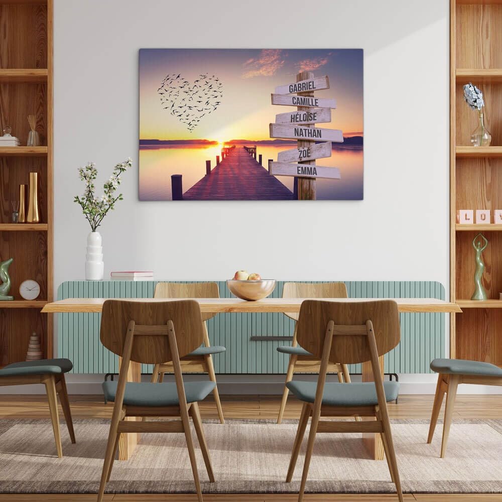 Lienzo personalizado con marco de madera, nombres de familia – Pontón & Puesta de Sol (40 x 30 cm)