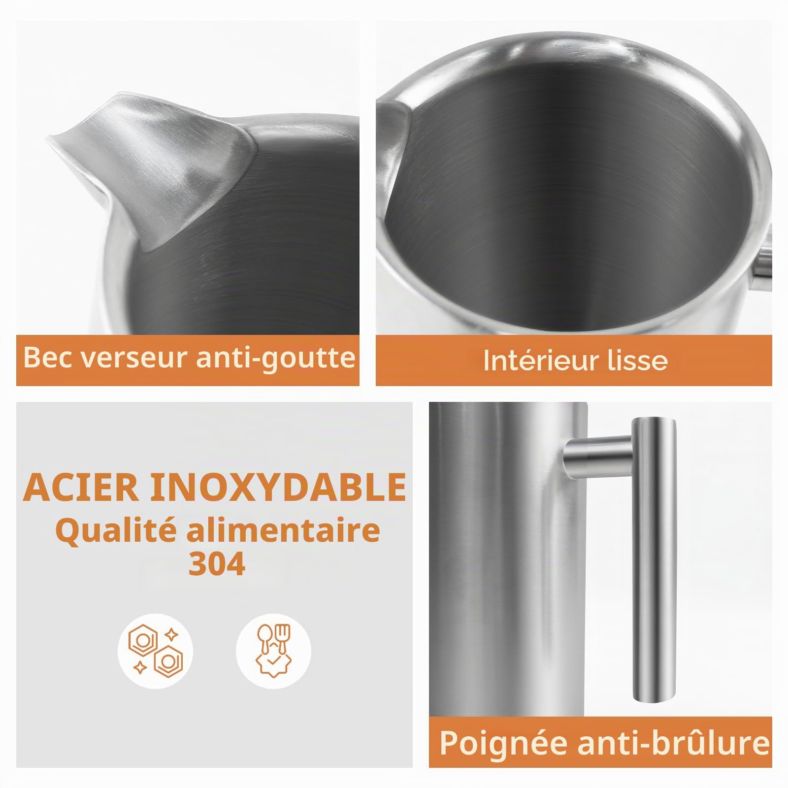 Cafetière à Piston 1L Inox Isotherme French Press 8 Tasses | 5 filtres de rechange en acier, 1000ml