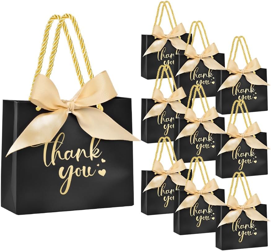 Nimbbex 50Pack Thank You Bags with Handles, 5.5x4.7x2.5 Inches Small Gift Bags with Bow Ribbon, Mini Party Favor Bags for Wedding Baby Shower Birthday (Black)