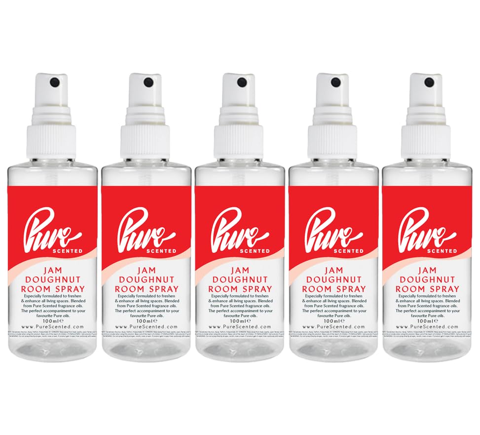 "Pure Scented 500ml Room & Fabric Sprays 5 x 100ml Suitable For Home, Car, Caravan, Work, Gym Bags, Odour Eliminators (5 x 100ml, Jam Doughnut)"
