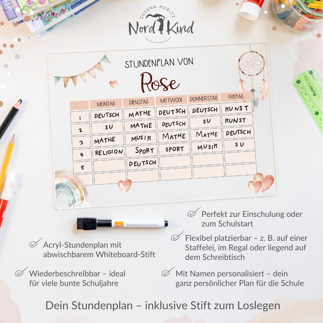Nord-Kind personalisierter Stundenplan aus Acryl – abwischbar & wiederverwendbar – für Kinder der 1. Klasse zur Einschulung – Mädchen & Jungen (Boho2)