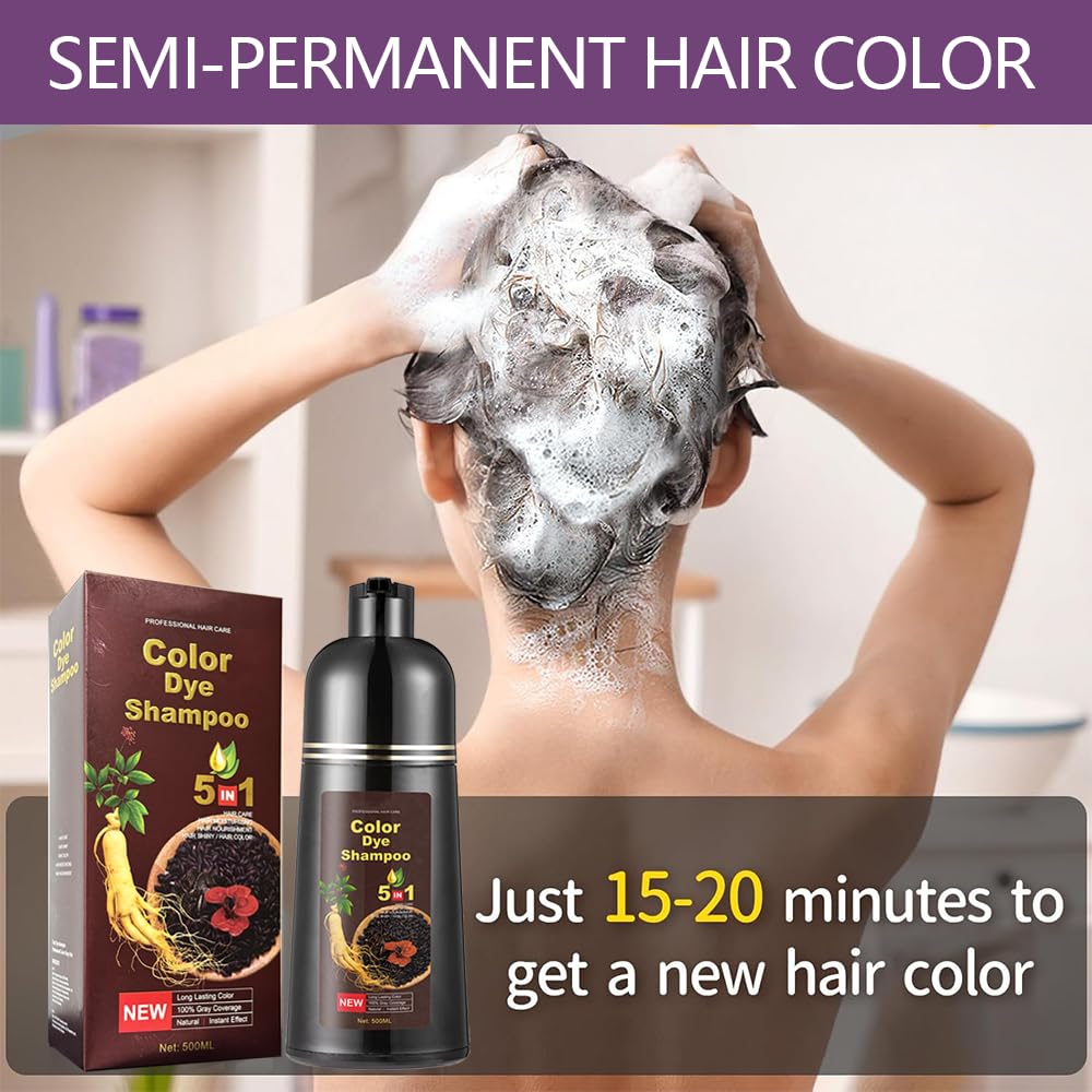 Instant Natural Brown Hair Color Shampoo - 5 in 1 for Gray Hair 100% Coverage in 10-15 mins, Long Lasting, 500ml (Purple) - Image 4