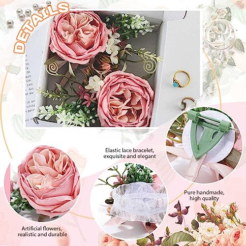 Campsis Corsage Boutonniere Set Pink Corsage Wristlet Flower Corsage for Prom Wedding Corsage Bracelet for Women and Girls(2pcs) - Thumbnail 6