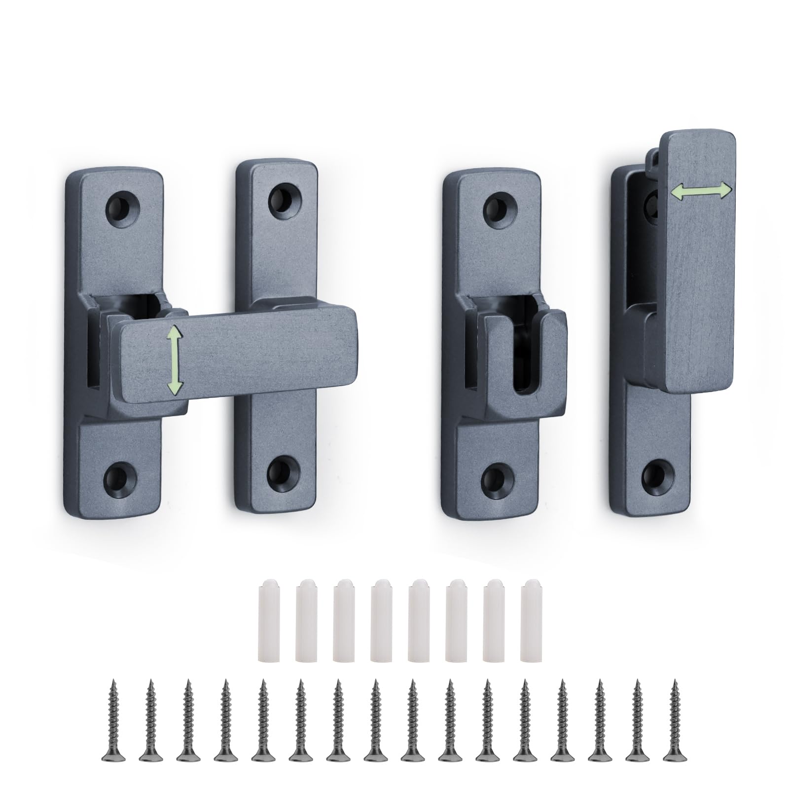 Diakey Grey 2 Pack Luminous Barn Door Lock, 90/180 Degree Flip Sliding Door Latch, Small Zinc Alloy Gate Latch Hardware For Garden, Bathroom, Cabinet, Garage, Shed,