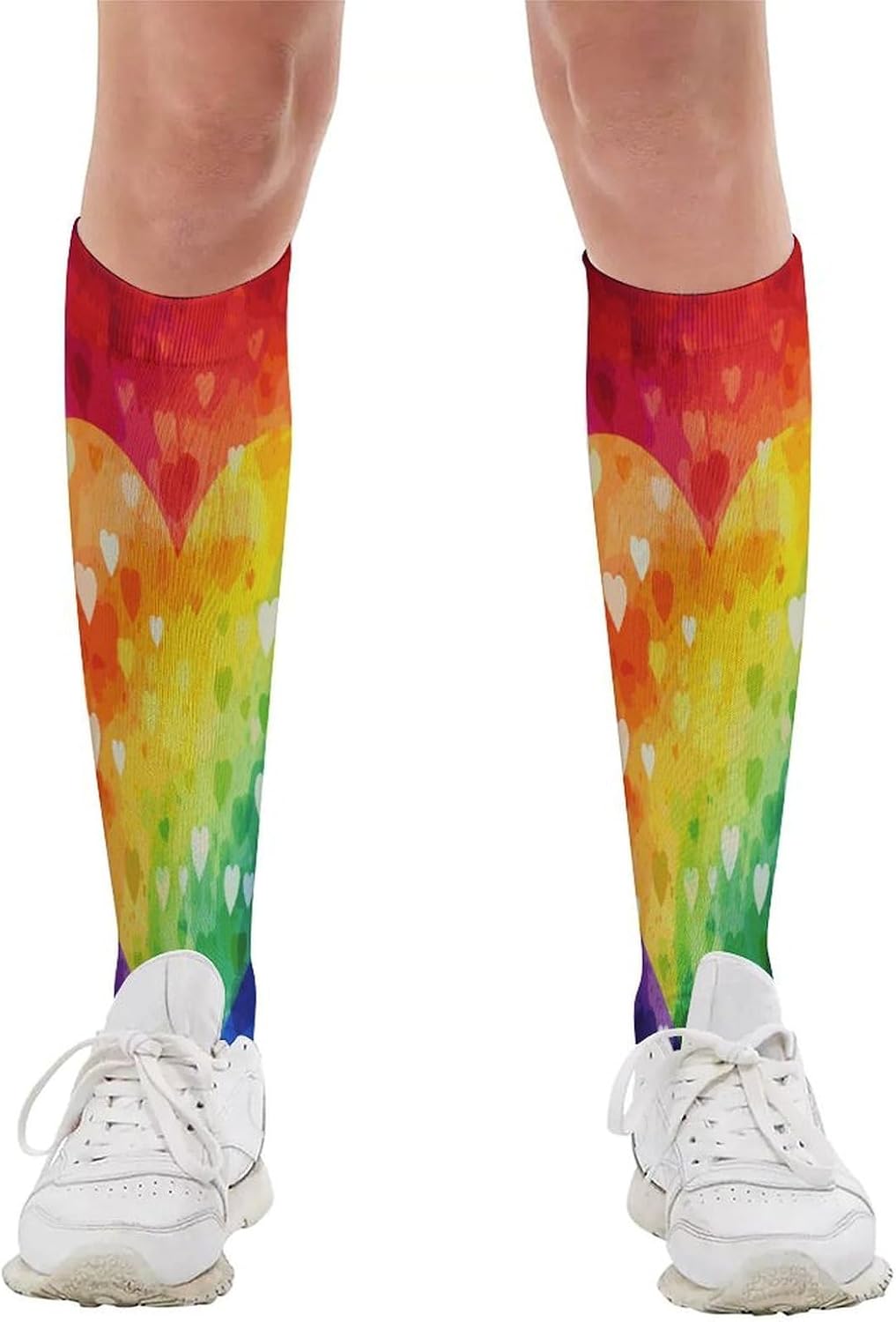 Colorful Rainbow Love Heart Compression Socks for Man Women Breathable Knee High Tube Socks Baseball Football Sock Over The Calf Sock Circulation Support for Running Travel Athletic Daily Wear