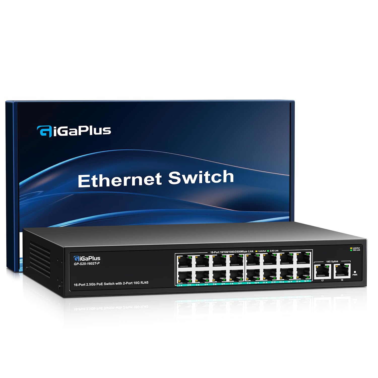 18-Port 10Gb Unmanaged PoE Ethernet Switch with 16*2.5G Base-T PoE Ports, 2*10G RJ45 Ports. 120Gbps Switching Capacity, GiGaPlus 10Gbps Network Switch for 2.5G/10Gbps NAS/PC, WiFi6 Router, Wireless AP
