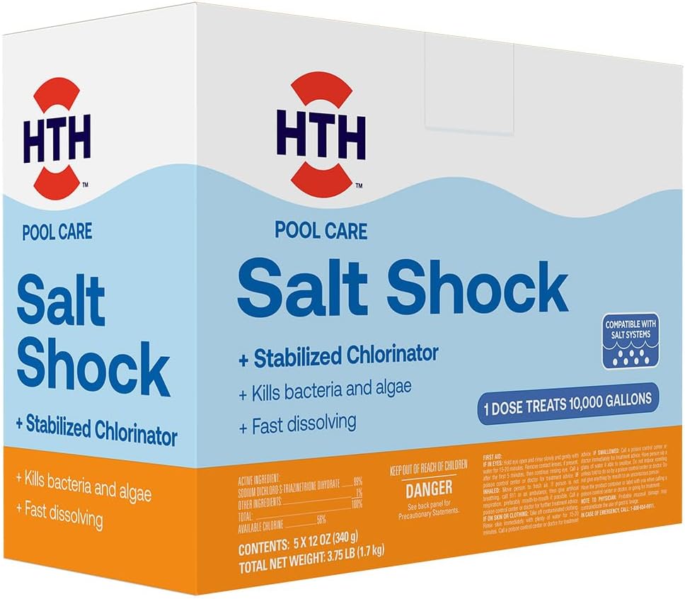 HTH 52047 Swimming Pool Care Salt Shock, Stabilized Chlorinator, 1 dose treats 10000 gallons, 5x12oz Packets