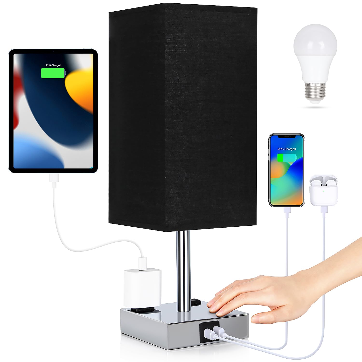 Soilsiu Bedside Lamp with USB Ports - Touch Control Table Lamp for Bedroom with USB C+A Charging Ports & AC Outlets, 3 Way Dimmable Nightstand Light for Living Room (Bulb Included, Black)