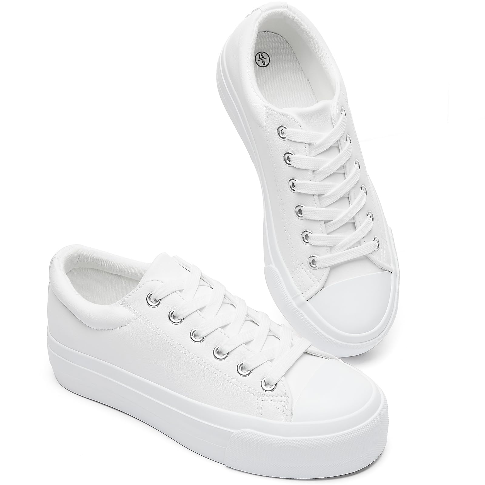 BABUDOG Womens Synthetic Leather Platform Sneakers,Non Slip White Platform Shoes,Lace-up Tennis Shoes for Women,Comfortable Casual Shoes 36 EU White