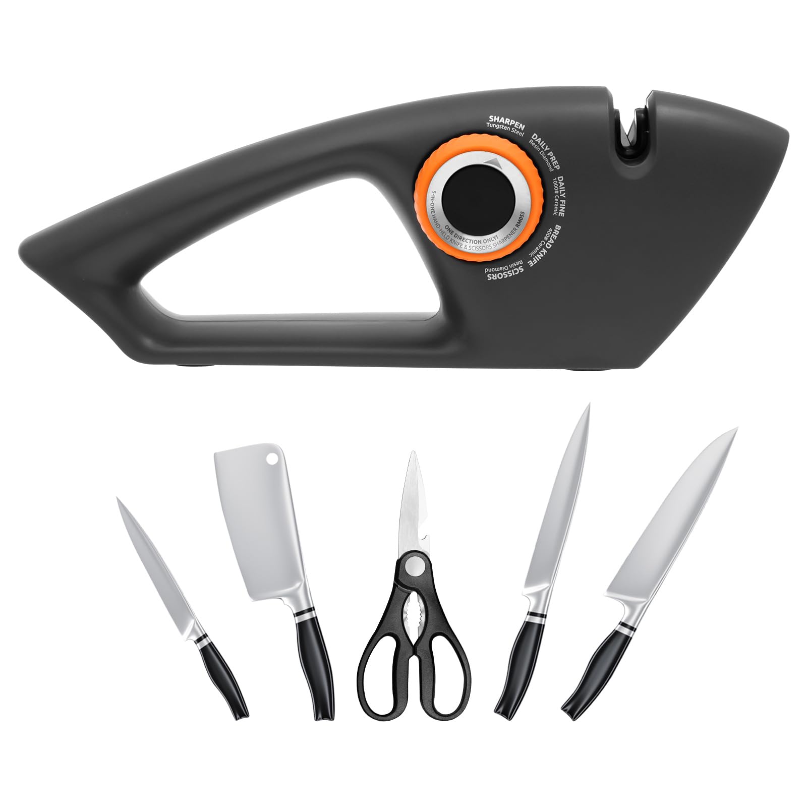 Foppla Dark Grey Knife Sharpener Efficient Scissor Sharpener With Ergonomic Handle Professional 3 Stage Manual Professional Blade Sharpening Tool For Kitchen Knives, Serrated Knives, Scissors, And Pocket(Dark Grey)