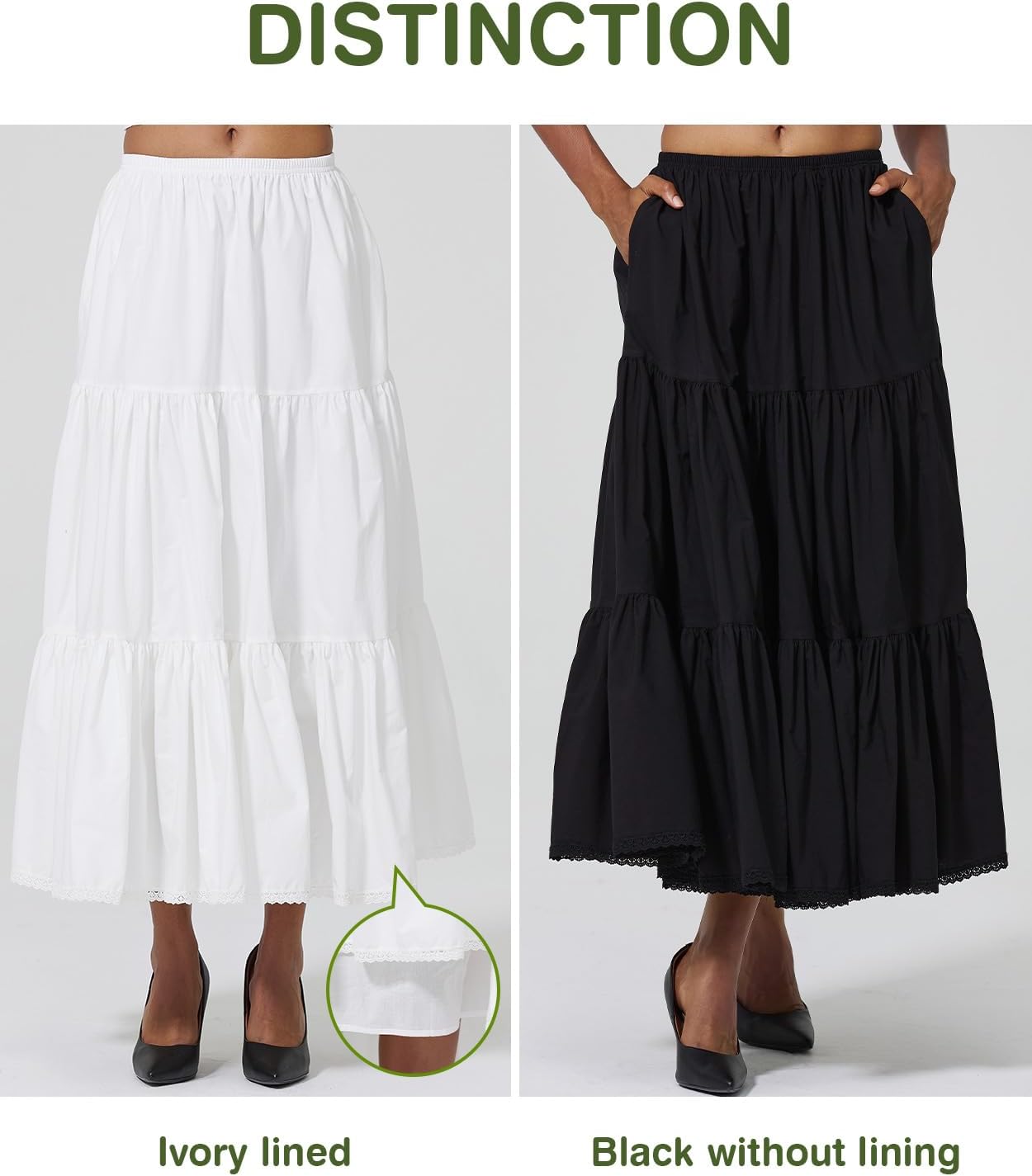 100% Cotton Women Midi Skirt with Pockets Elastic High Waist A Line Lace Tiered Renaissance Skirt