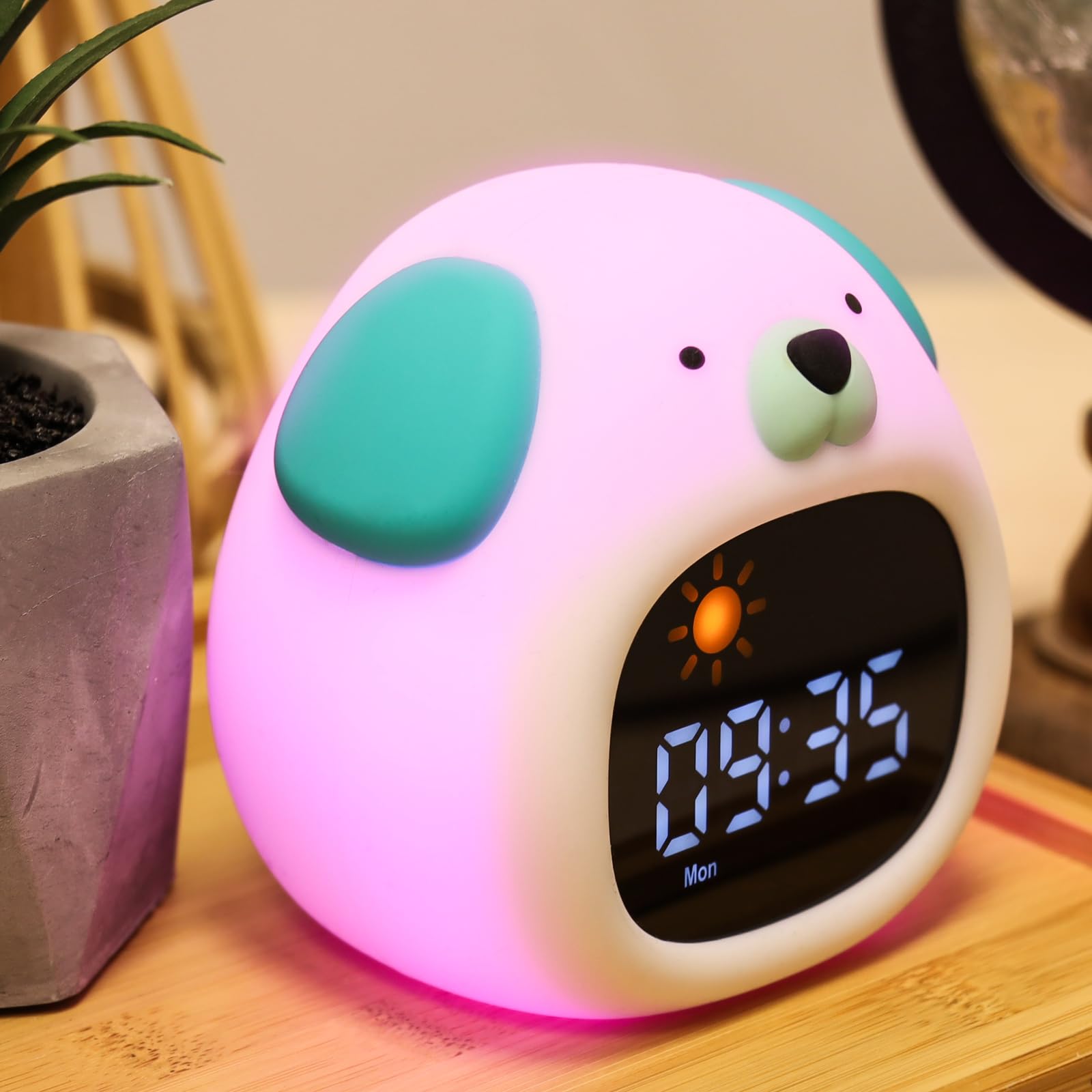 METRONIC 477537 Réveil Enfant Educatif Chien avec Veilleuse Fille Garcon - Affichage Horloge Numérique - Apprentissage Pedagogique Intelligent Jour Nuit - Sur Batterie Rechargeable USB-C