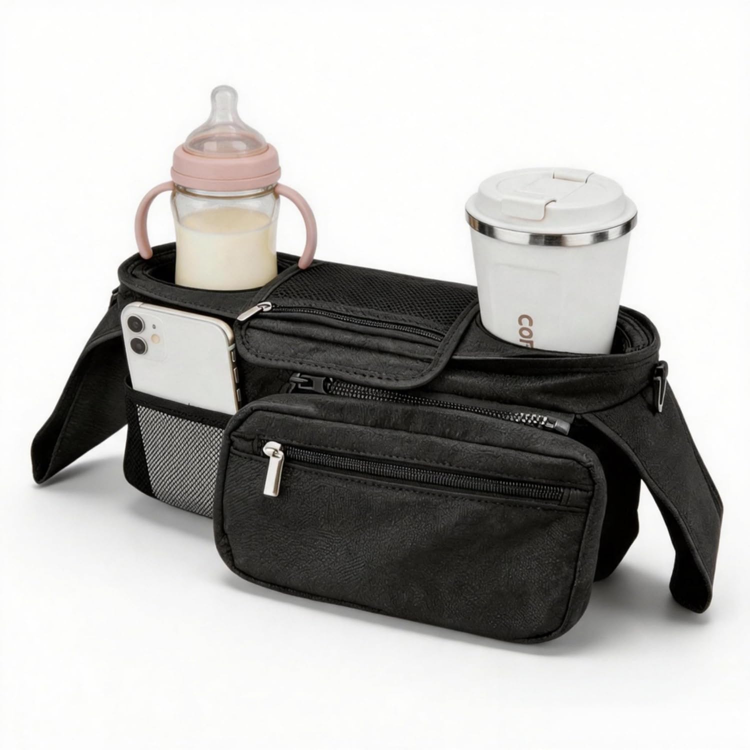 Bolso Carro Bebé Universal con 2 Portavasos Aislados y Monedero Extraíble, Bolsa Organizadora de Cochecitos Impermeable, Correa de Hombro Desmontable para Silla de Paseo y Carrito, Multifuncional